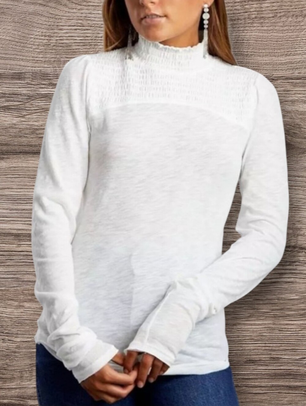 Women's We The Free White Smocked Neck Long Sleeve Top Sz Small